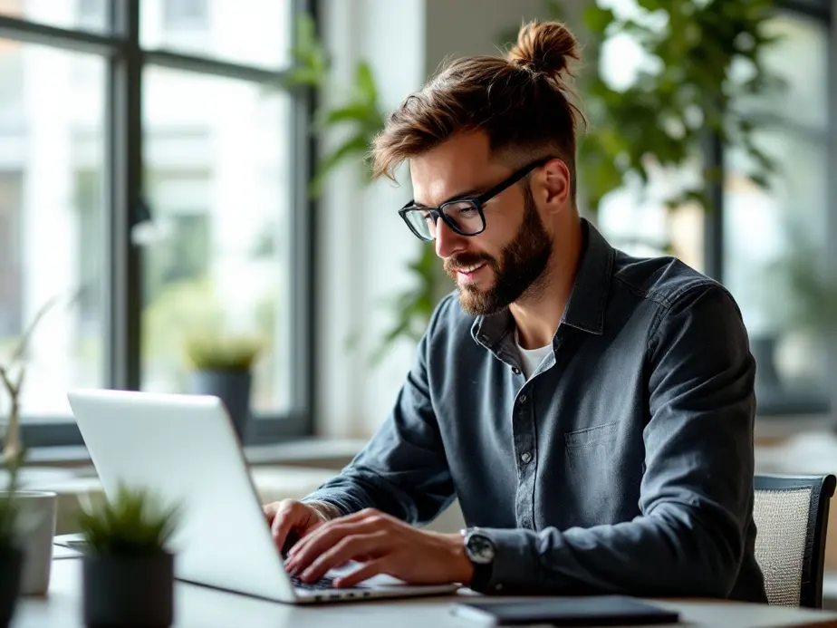 Ein Coach erstellt mit ContentShake AI SEO-optimierte Inhalte im modernen Büro.