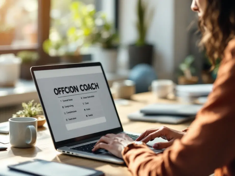 Ein Coach nutzt einen virtuellen Assistenten auf einem Tablet in einem modernen Büro