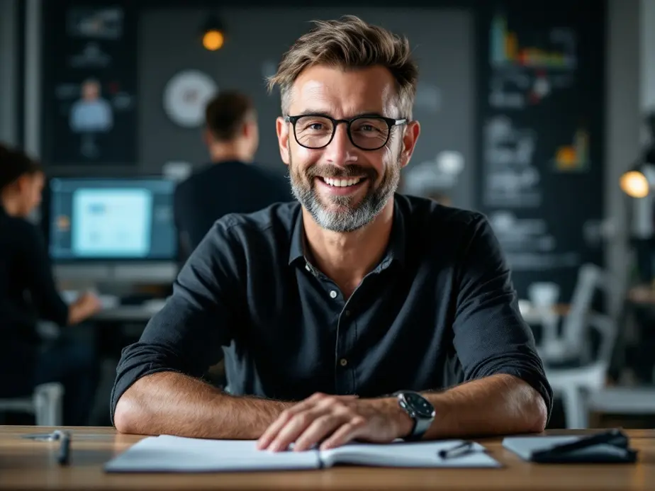 Ein Business-Coach erklärt KI-Konzepte in einem modernen Büro.