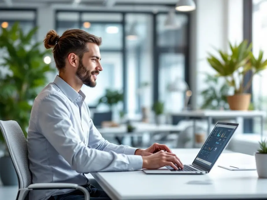 Ein Coach nutzt ein KI-Tool in einem modernen Büro, um die Verbindung zu stärken.