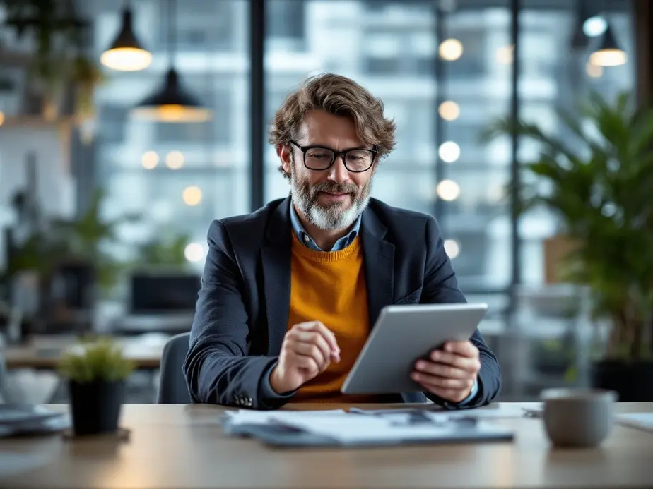 Ein Coach nutzt einen virtuellen Assistenten auf einem Tablet in einem modernen Büro
