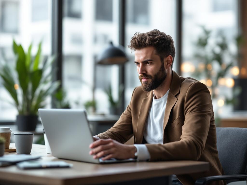 Ein Coach, der in einem modernen Büro strategische Überlegungen am Laptop anstellt.