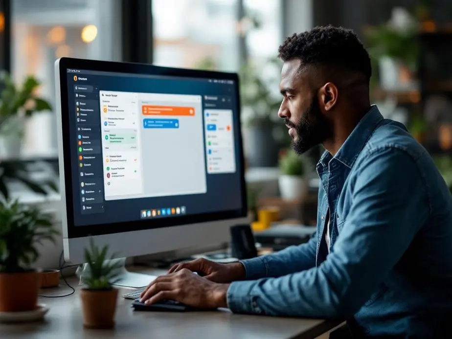 Ein Coach organisiert Kundendaten effizient mit Trello in einem modernen Büro.