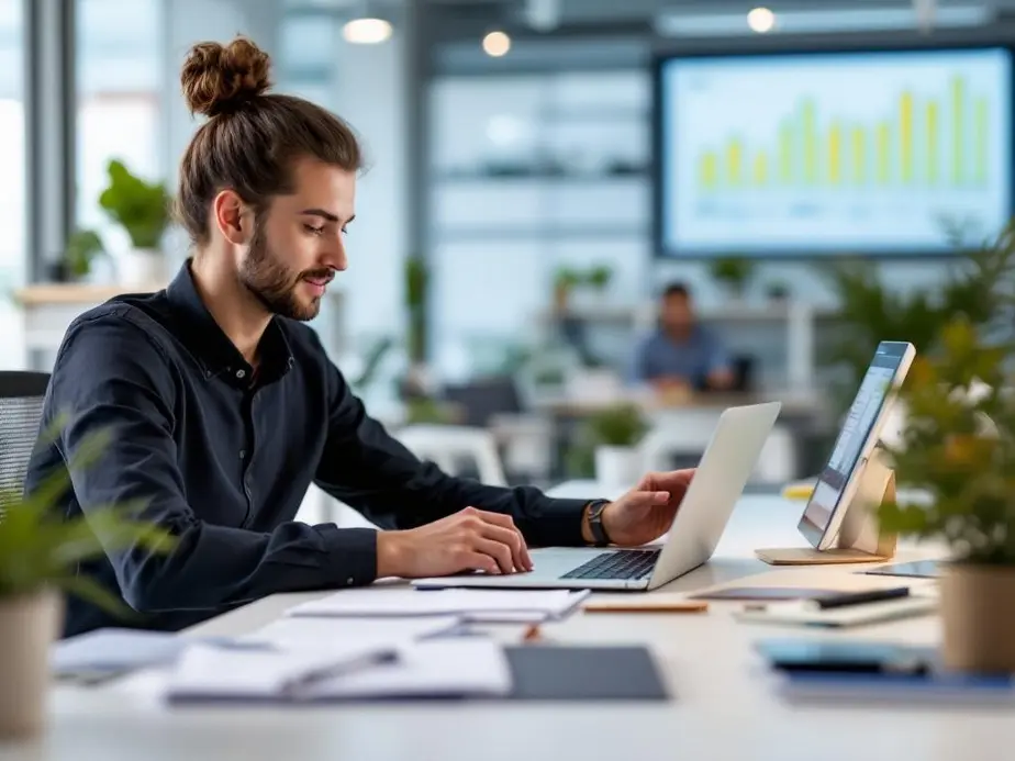 Ein Coach überprüft seinen digitalen Kalender, um stressfreie Termine effizient zu planen.