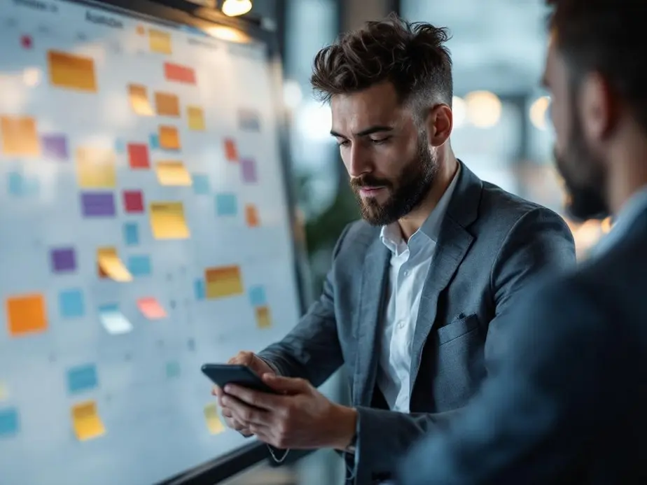Ein Coach überprüft seinen digitalen Kalender, um stressfreie Termine effizient zu planen.