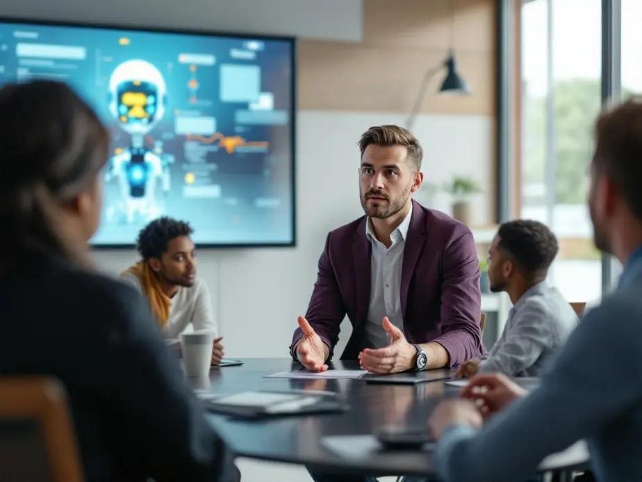 Ein Business-Coach nutzt KI-Tools im modernen Büro, um Coachingprozesse zu optimieren.