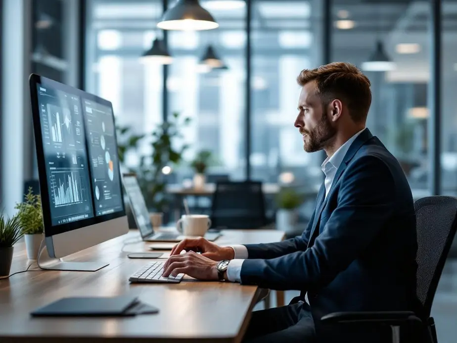 Ein Business-Coach nutzt KI-Tools im modernen Büro, um Coachingprozesse zu optimieren.