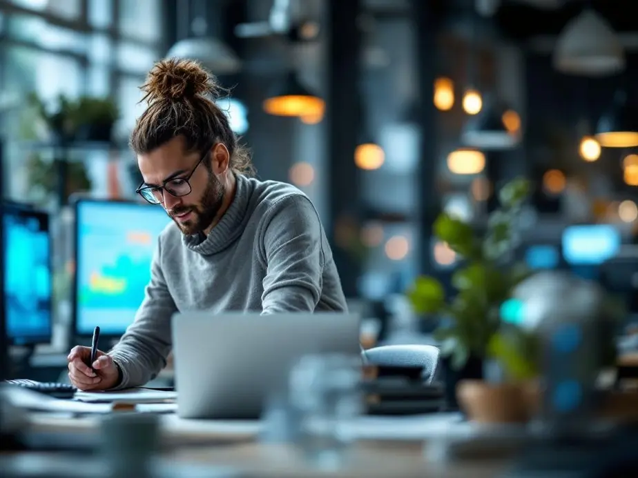 Ein Business-Coach nutzt KI-Tools im modernen Büro, um Coachingprozesse zu optimieren.